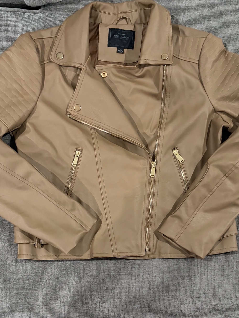 Miss London Tan Faux Leather Moto Jacket